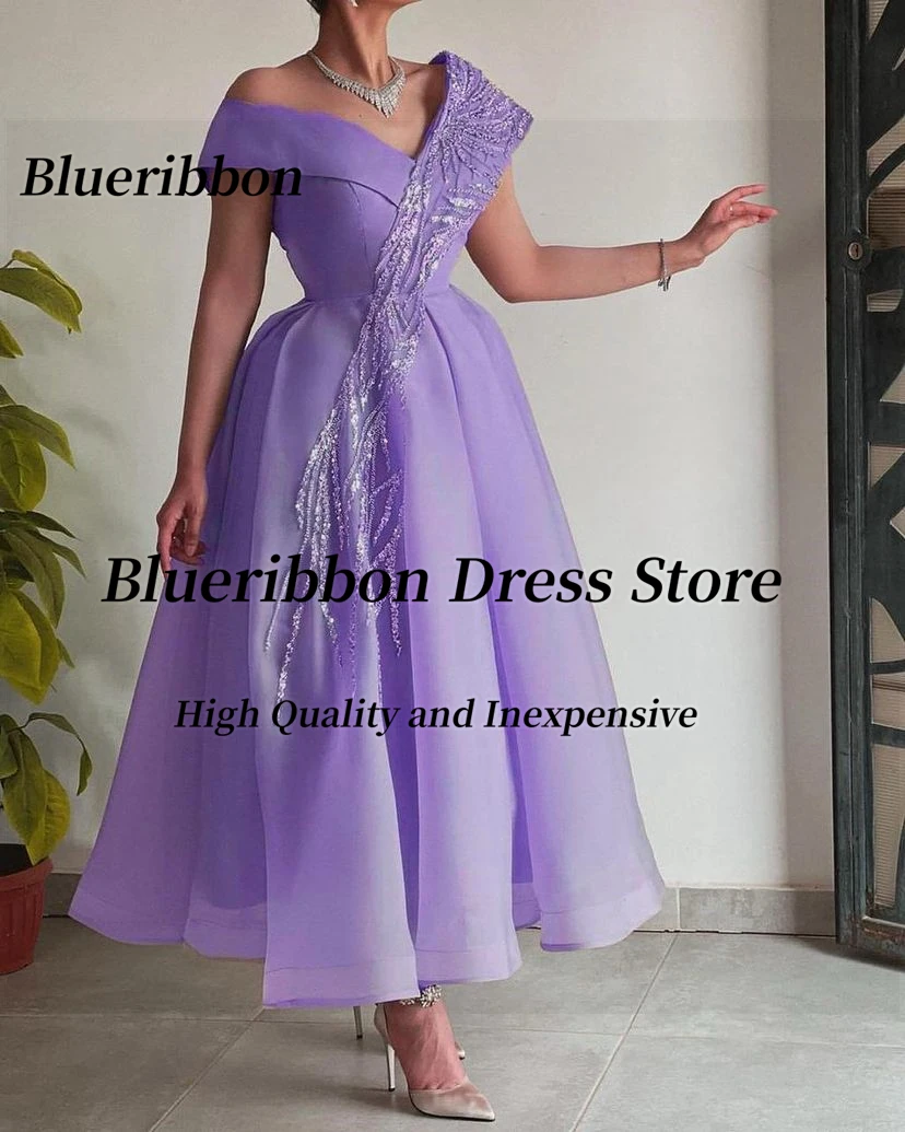 Blueribbon Ankle Length Prom Dresses Off Shoulder Sequins Homecoming Party Dress Zipper Back Wedding Guests Wear Bride Gowns