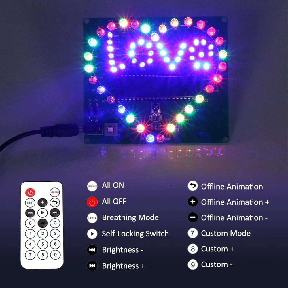 DIY Electronic Kit LED Flashing Heart Love Lights Valentine\'s Gift Soldering Project Practice Remote Control RC Circuit Assemble