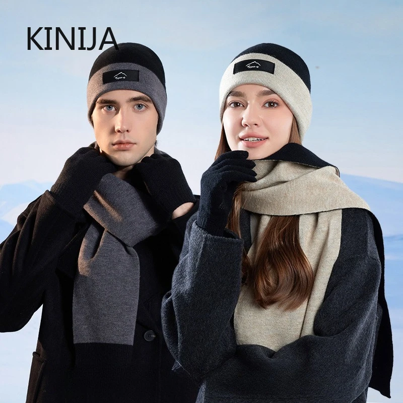 3pcs Weather Hat Scarf Gloves Set Women Winter Outdoor Cycling Skiing Neck Warmer Cap Unisex Thick Knitted Ear Protection Cap