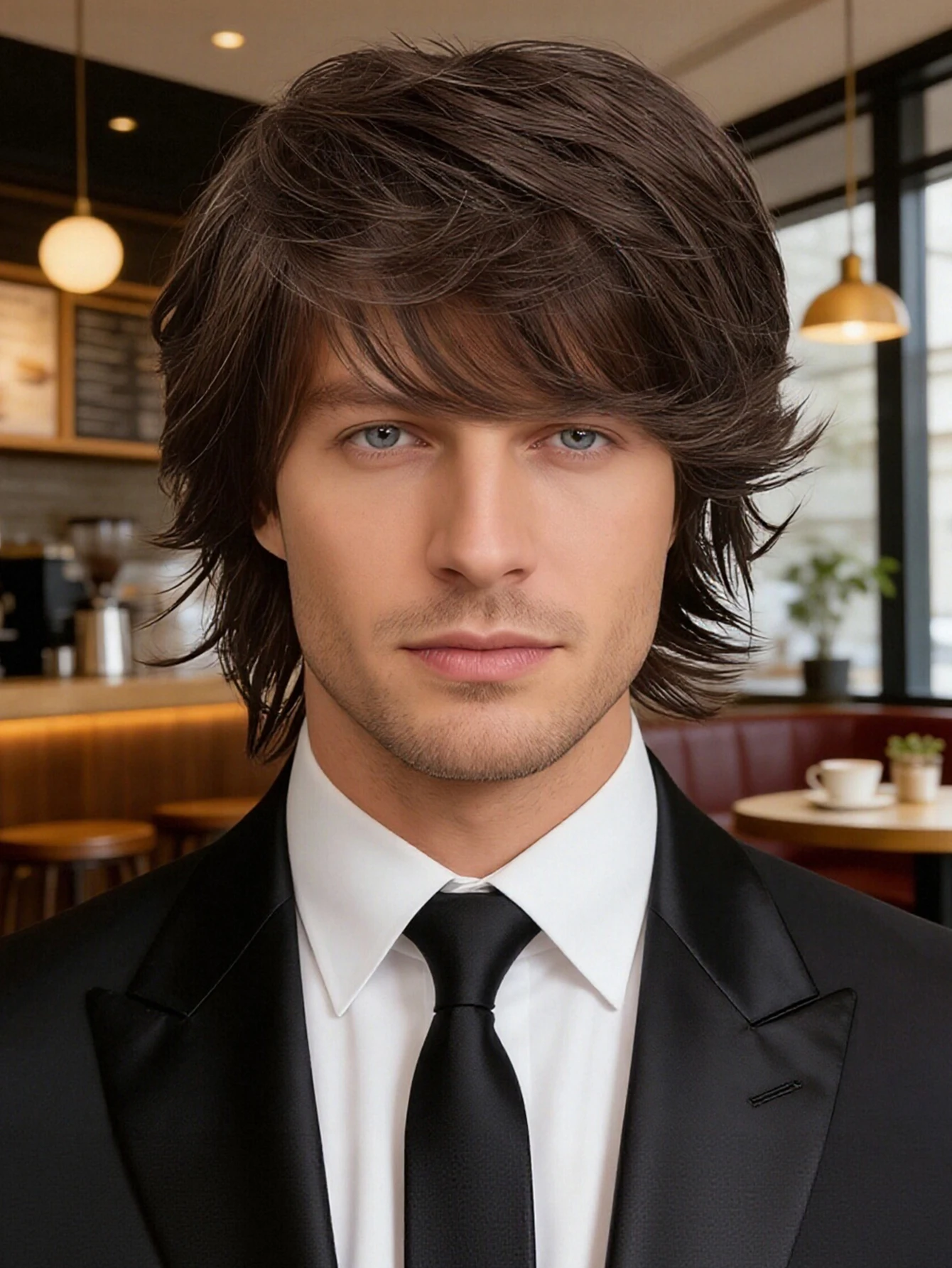 Brown Layered Wolf Cut Wig for Men, Natural Synthetic Hair with Textured Fringe for Daily and Cosplay Looks