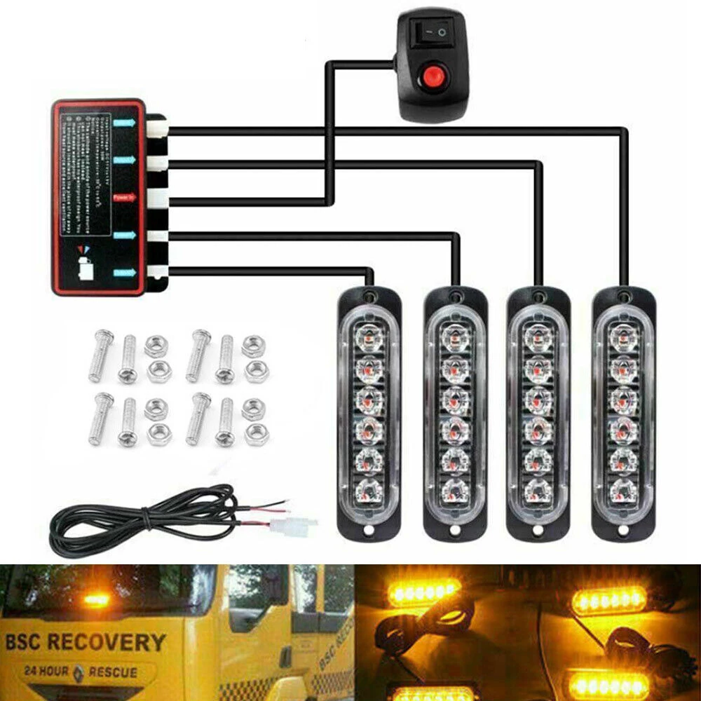 4x 6 LED 12V Wired/Wireless Remote Control Recovery Strobe Marker Light Car Flashing Lamp Bar Beacon Car Truck Warning Flashing