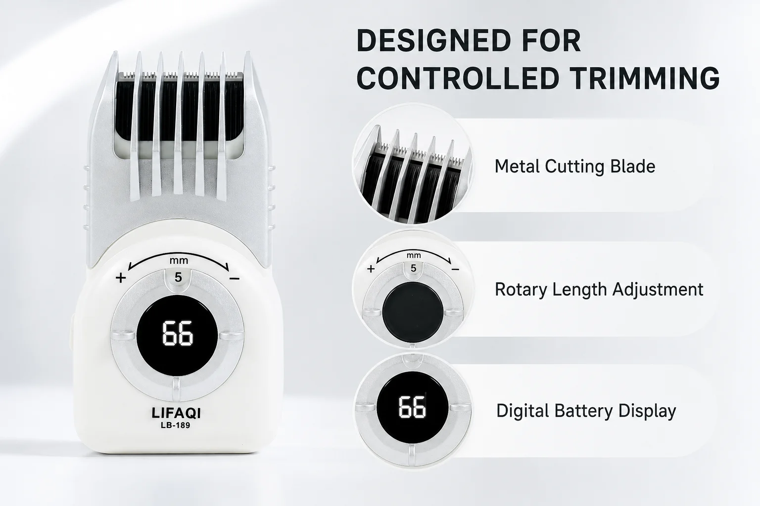 LIFAQI LB-189 Mini Hair Clipper for Men, 5-Length Cordless Trimmer, USB-C Rechargeable with Digital Display