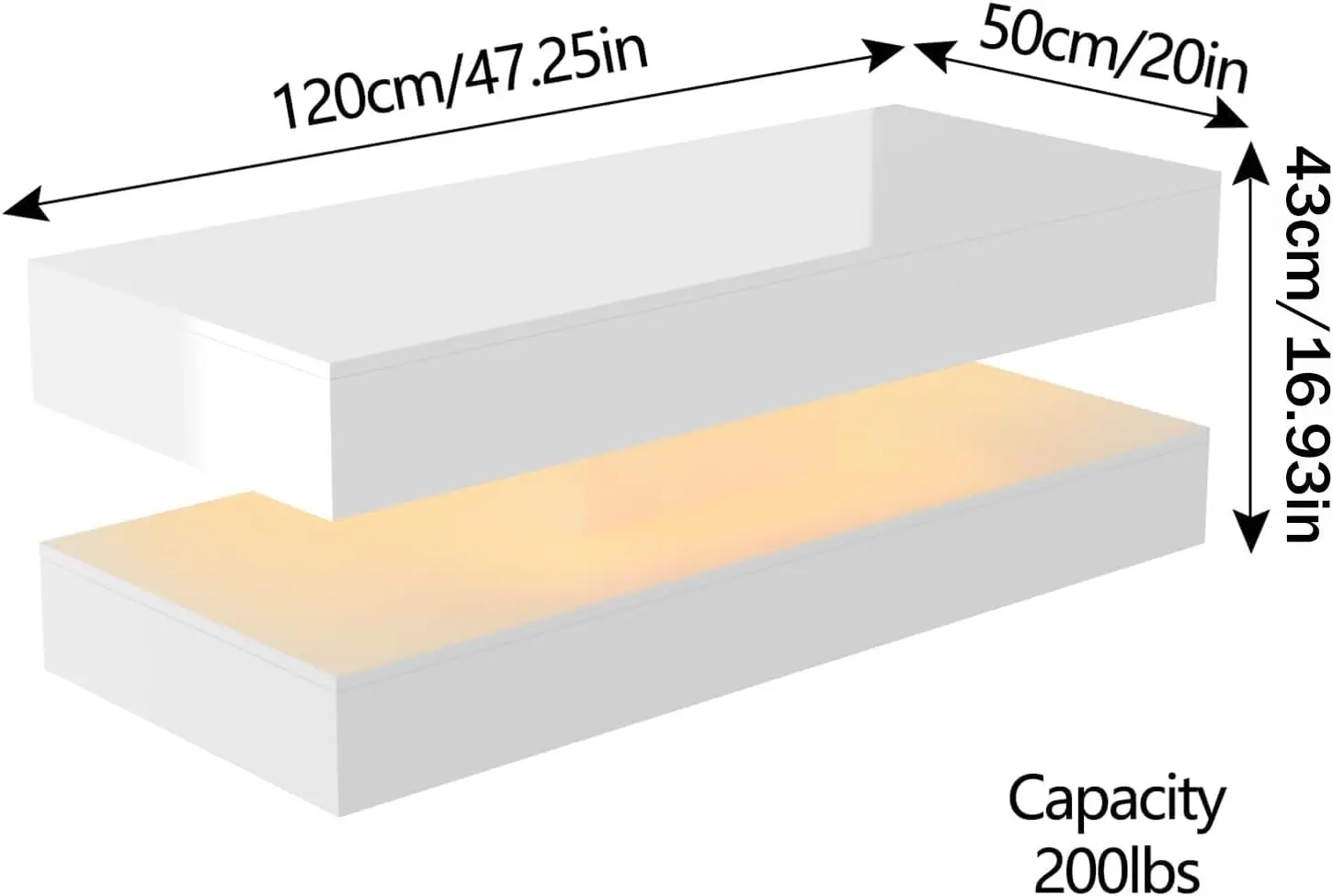 طاولة قهوة LED كبيرة اللمعان مقاس 47.3 بوصة مع درجين للتخزين، طاولات قهوة حديثة باللون الأسود/الأبيض لغرفة المعيشة وغرفة المعيشة