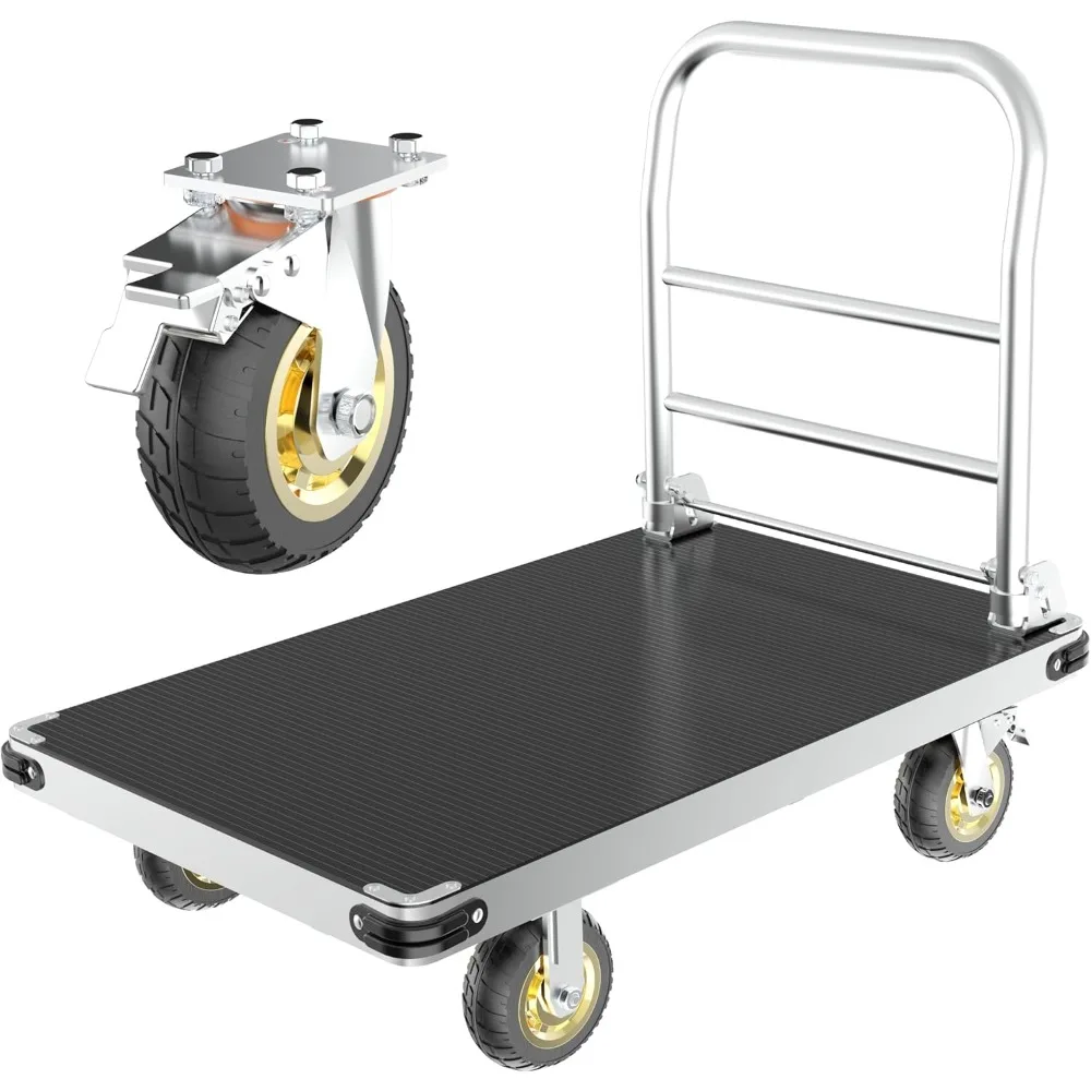 

Hotel Cart Cleaning Cart Extra Large Platform, Foldable Flat Cart Hand Trucks with Non-Slip Mat and 6" Swivel Brake Wheels