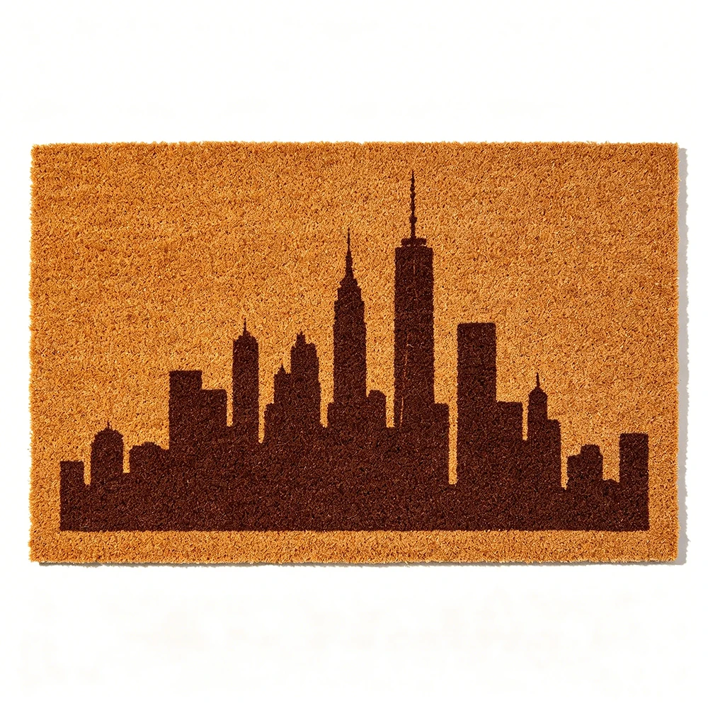 

Travel Memory Mat Brown Yellow Custom City Skyline Landmark Print Water Absorbent Anti Slip Washable Entryway Gift