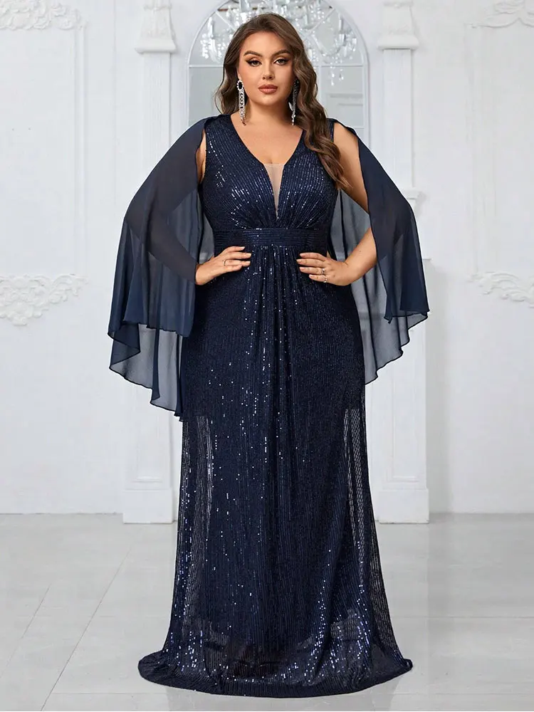 

Plus Size V-Neck Sapphire Blue Dinner Party Dress 4xl5xl Big Size Chiffon Shawl Floor-Length Shiny Luxury Evening Dress Women