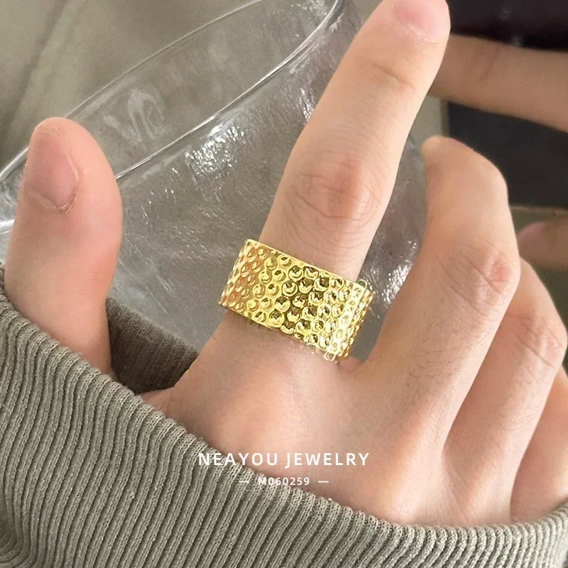 

9999 Real Gold 24K Niche Premium Sense Retro Personality Bump Polka Dot Ring Men's Hammer Ring