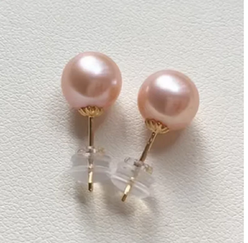 

Stunning AAA + 8-9mm Natural South Sea Pink Purple Round Pearl Earrings, Simple Classic Women's Stud Earrings 14k Gold