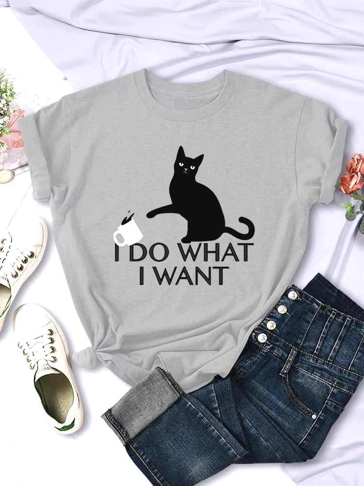 تي شيرت نسائي على شكل قطة سوداء أفعل ما أريده تي شيرت نسائي أنيق إبداعي بأكمام قصيرة عتيق ملابس نسائية غير رسمية قابلة للتنفس