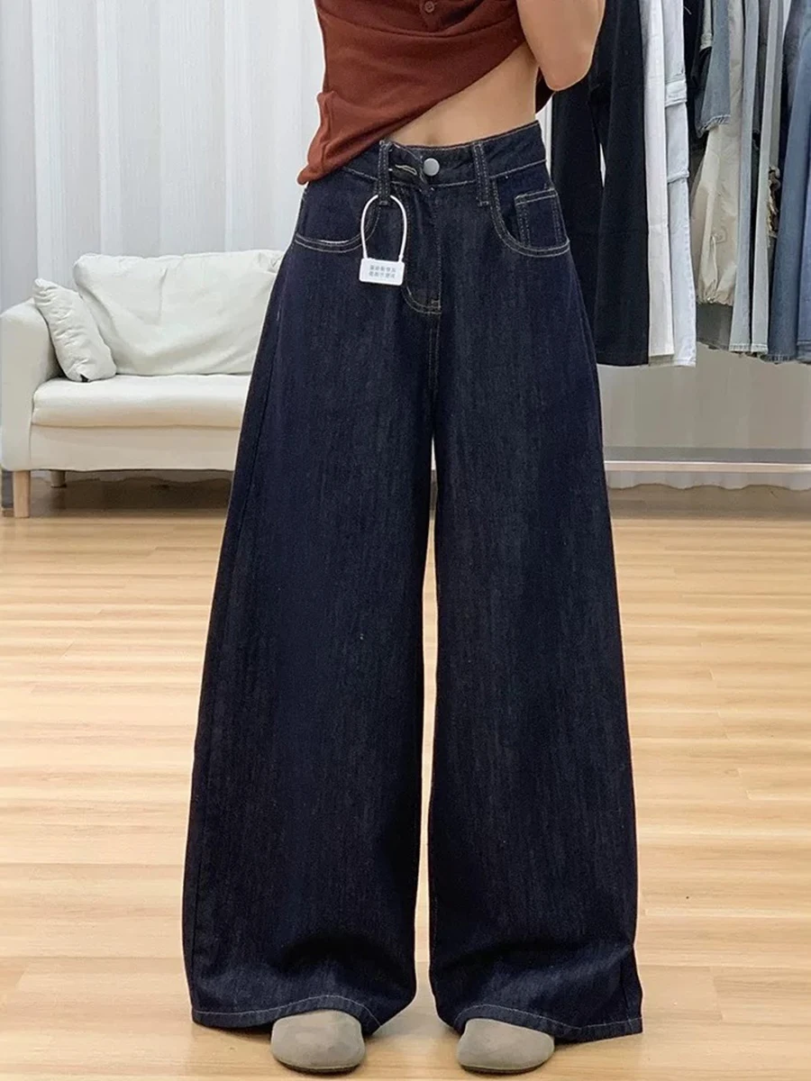 

Джинсы с высокой талией и широкими штанинами, прямого кроя, свободные, стройнящие, для фигуры типа «груша», весна-осень, большие размеры