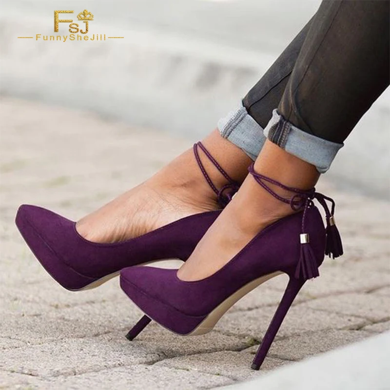 

Women's Purple Stiletto Heels Pointy Toe Tassels Ankle Strap Pumps