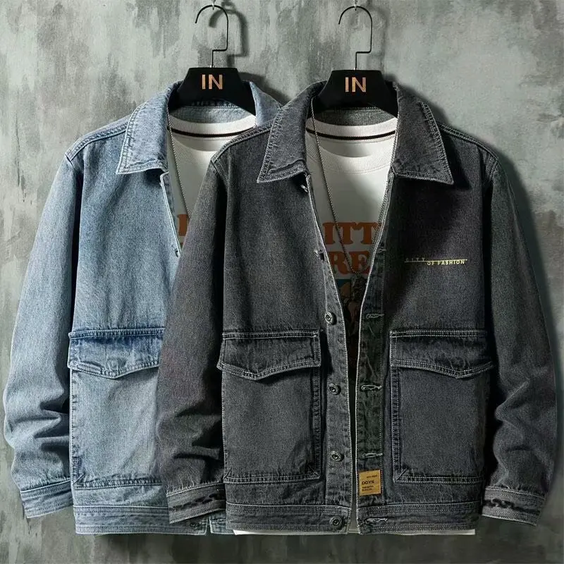 

Mens Loose Jeans Jacket Fashion Streetwear Blue Dark Gray Denim Coat Outwear