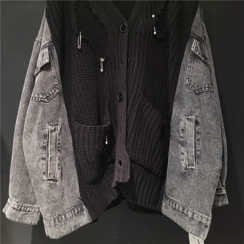 سترة نسائية فضفاضة من Tannt سترة محبوكة غير رسمية من قماش الدنيم سترة بفتحة مرقعة للبيع بالجملة دروبشيب 2025