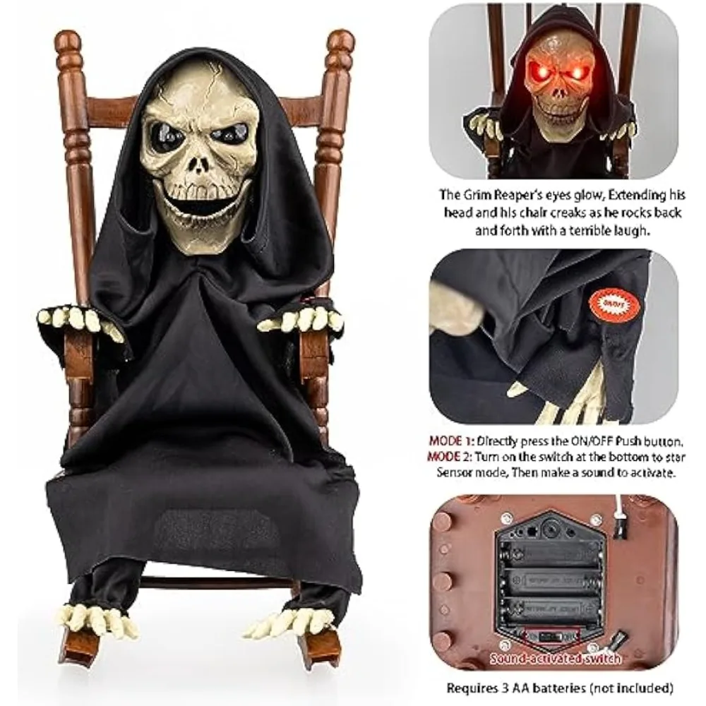 15 '' Animated Rocking Grim Reaper in Chair Halloween Decoration Skeleton Prop Animated Halloween Funny-Toys Lights and Sound