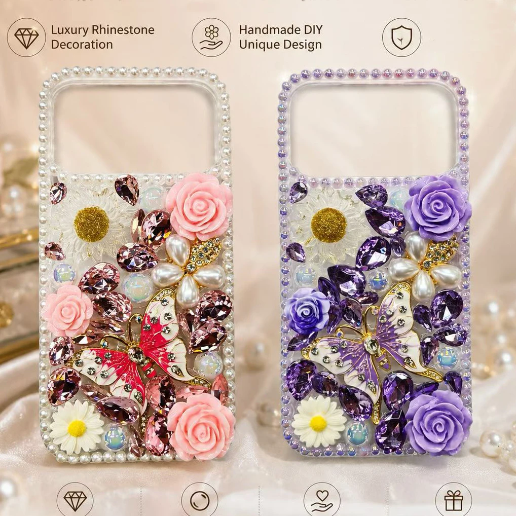 

Butterfly Diamond Case for iPhone 17 16 Pro Max 16E 15 Plus 14 13 12 Mini 11 Pro Max 8 Plus Bling Rhinestone Pearl Phone Cover