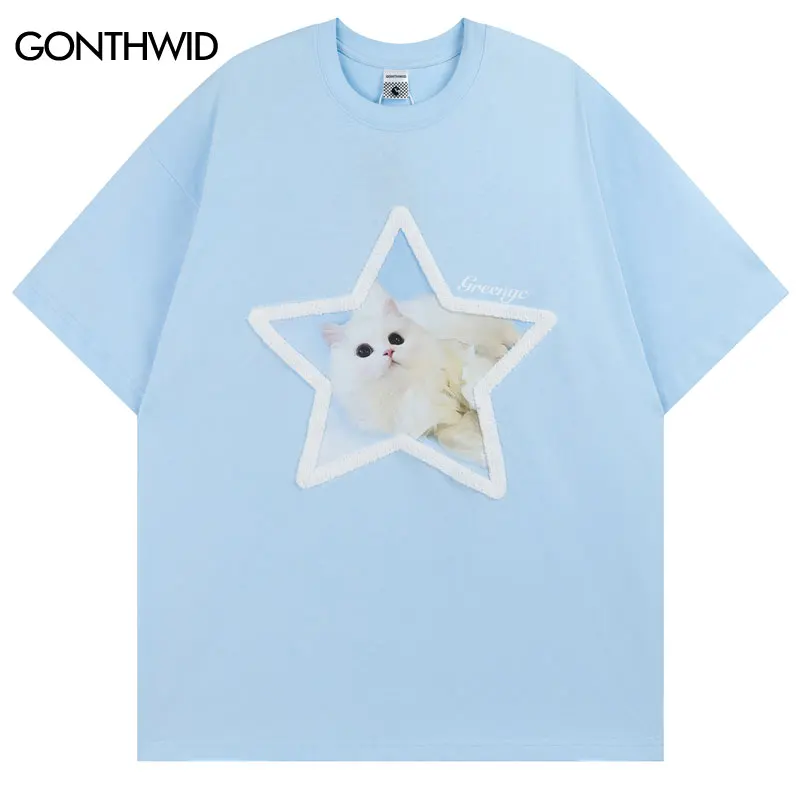 Harajuku T-Shirt Y2K Embroidery Star Cute Cat Graphic Print Unisex Streetwear Tshirt Men Fashion Summer Loose Casual Top Couple