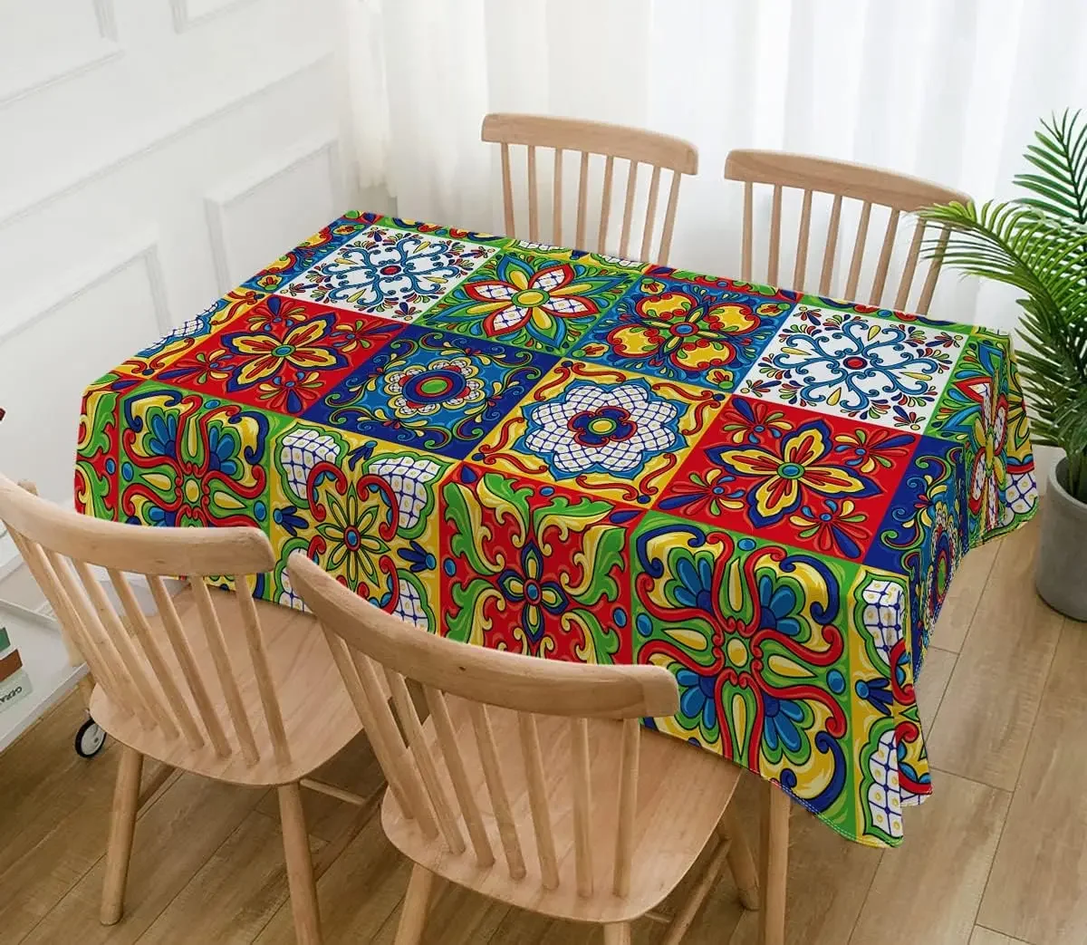 Mexican Talavera Ceramic Tile Rectangle Tablecloth Holiday Party Decorations Reusable Waterproof Tablecloth Kitchen Table Decor