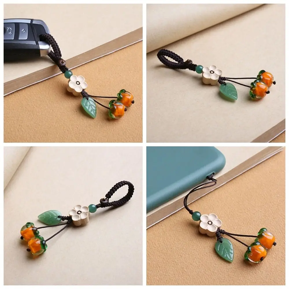 Car Keyring Coloured Glaze Mobile Phone Chain Vintage Persimmon Cellphone Pendant Orange Fruit Phone Lanyards Women/Girls