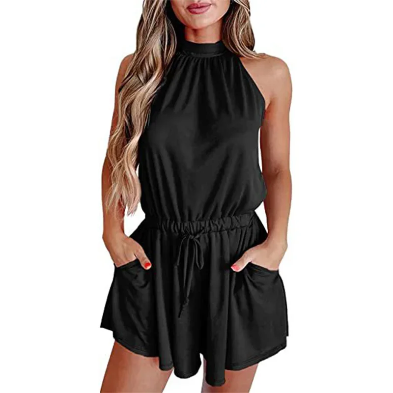 Women Elasticized Drawstring Waist Double Pockets Jumpsuit Shorts Female Solid Color Sleeveless O Neck Back Lace-up Rompers 2024