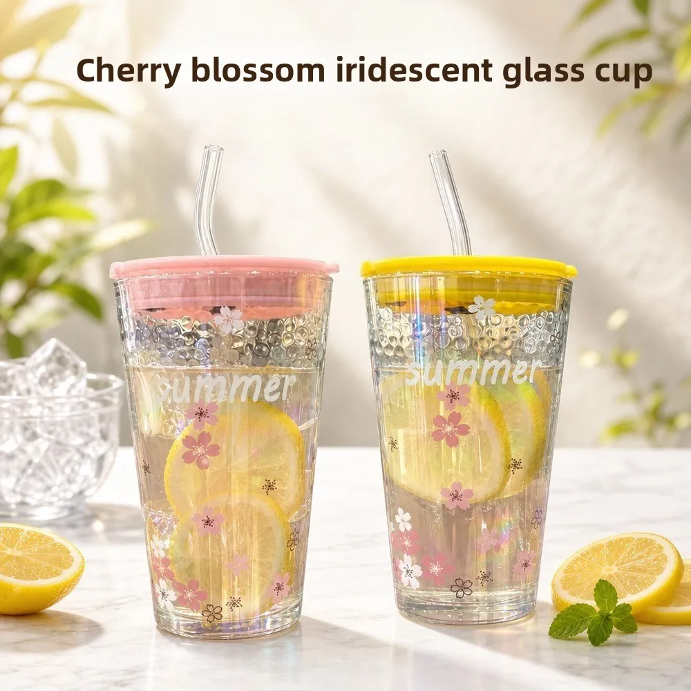 Sakura Glass Water Cup, Girls' Straw Glass Graduated Cups, Office Breakfast Milk Coffee Mug, Christmas Birthday Gift Kawaii Cup