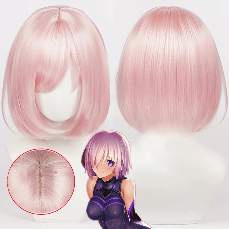 

Game Mash Kyrielight Cosplay Wig Short Pink Heat Resistant Synthetic Hair Halloween Party Cute Wigs + Wig Cap