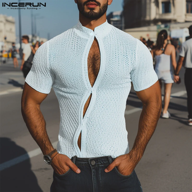 

INCERUN Men Shirt Solid Color See Through Knitted Stand Collar Short Sleeve Hollow Out Men Clothing Summer Tee Tops Streetwear