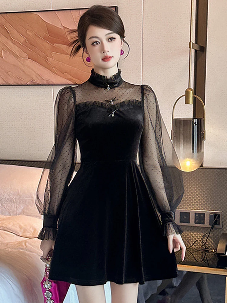 Robe courte en maille de velours noir pour femmes, vêtements de soirée, col montant transparent, mince, élégante, dames, fête, club, anniversaire, éducatif, sexy, nouveau