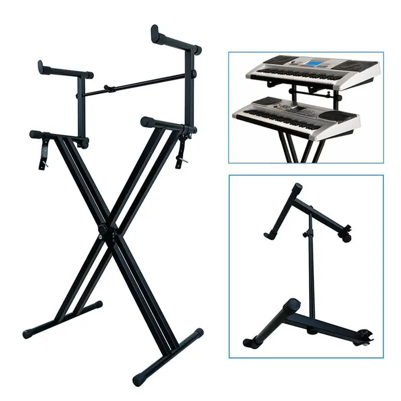 Double Keyboard Stand Adjustable X-Shaped Musical Holder Sturdy Musical Performance Rack With Locking Straps Heavy Duty Digital