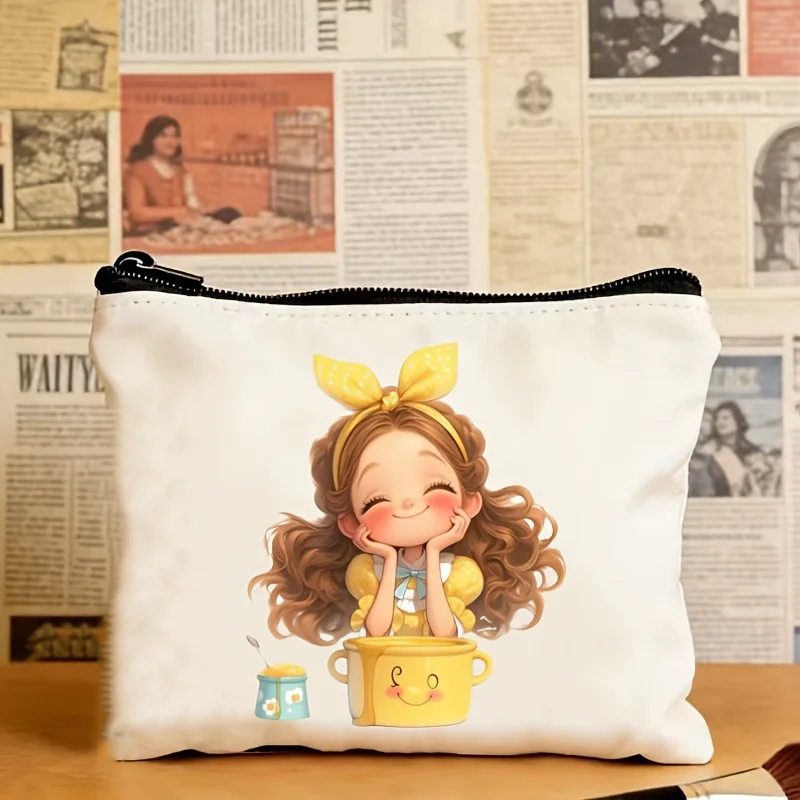 Stylish Cosmetic Bag with Curly Hair Girl Design - Portable and durable black zippered cosmetic bag with yellow polka dot bow, p