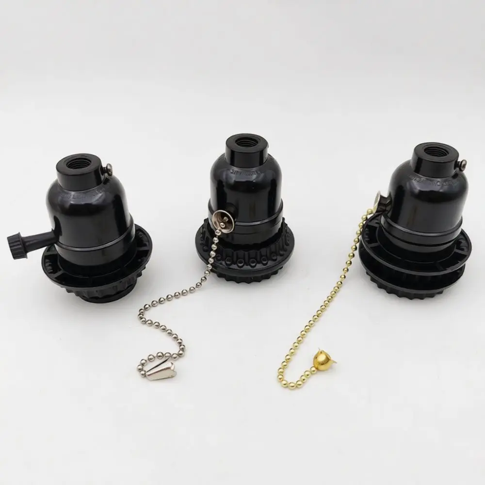 Vintage E26 E27 Lamp Base Black Bakelite Pull Switch Threaded Connector Replace Lighting Parts For DIY Decorative Fixture