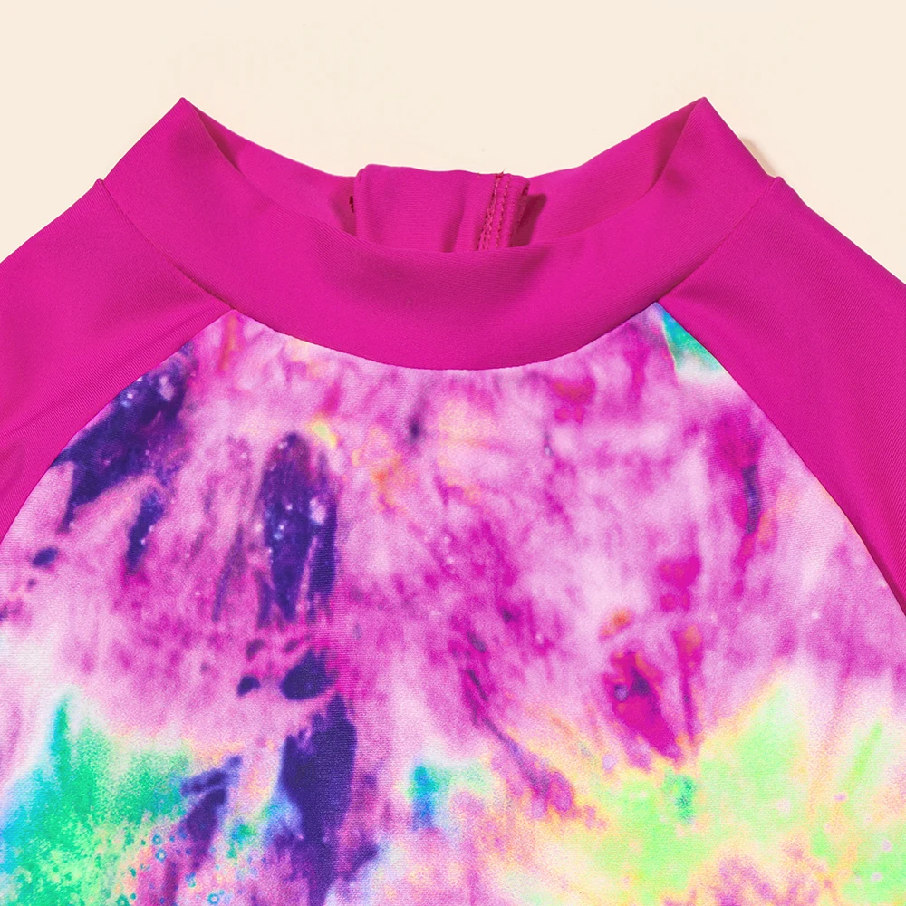 Kids Girls Swimwear Tie-Dye Printed Ruffles Long Sleeve Zipper Beachwear Outfits One-piece Bathing Suit