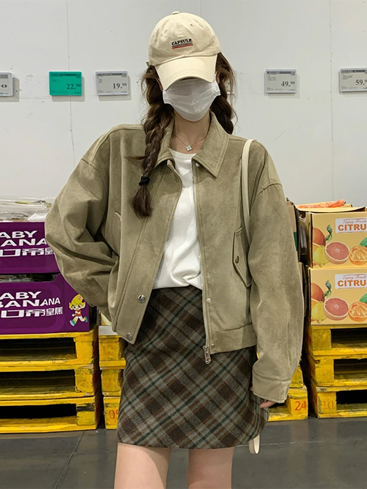 

Корейская замшевая куртка Americana в стиле ретро, женская зеленая укороченная куртка большого размера с длинными рукавами, весенне-осеннее пальто, шикарное