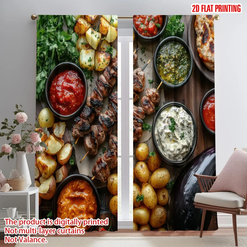 

2D flat printing 2pcs Scene Curtain Delicious Grilled Feast Digital Printed Polyester Drapes Family Party Perfect for All Season