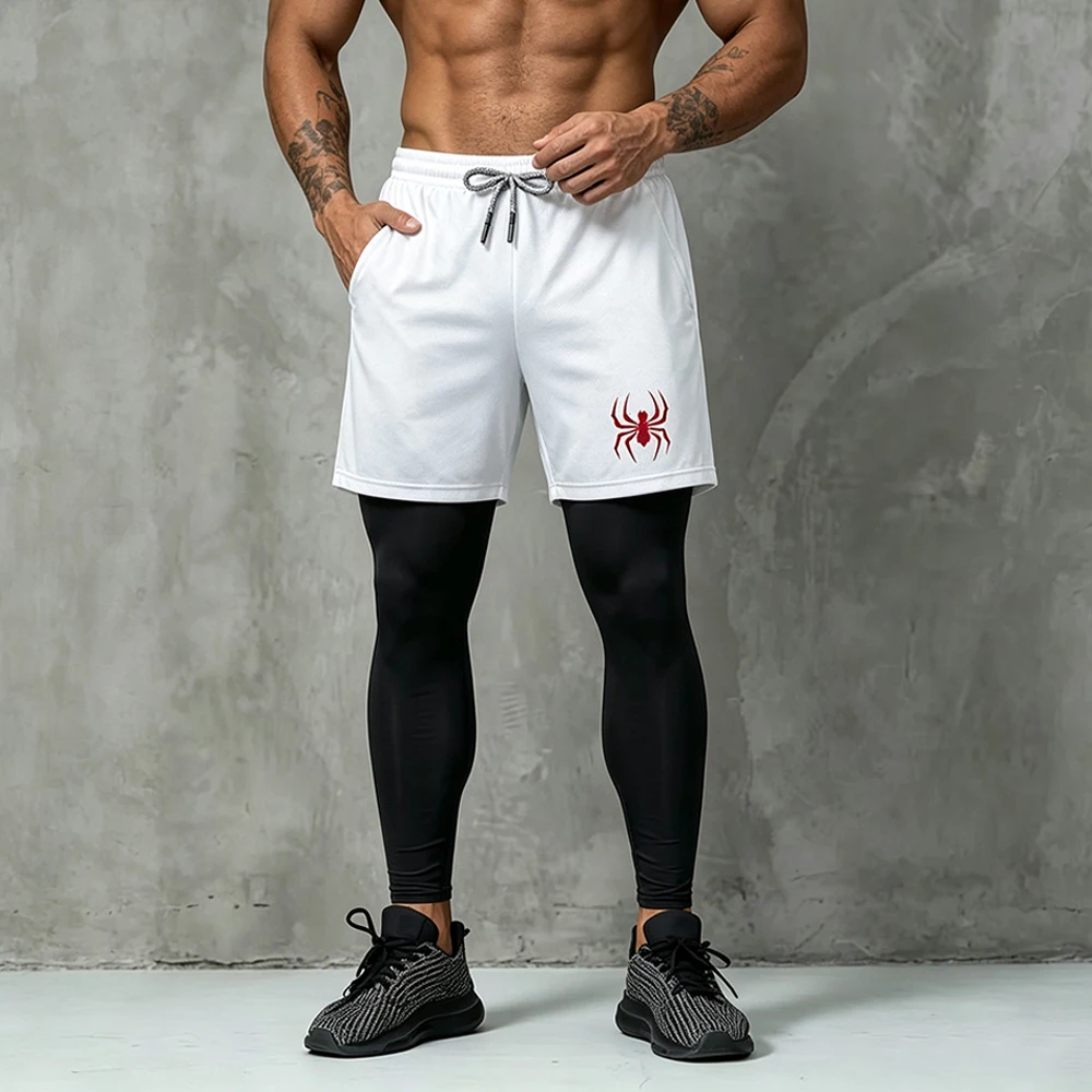 Men's Double Layer Sports Pants Outer Shorts Tights Liner Trousers Drawstring Athletic Running Leggings Gothic Spider Print