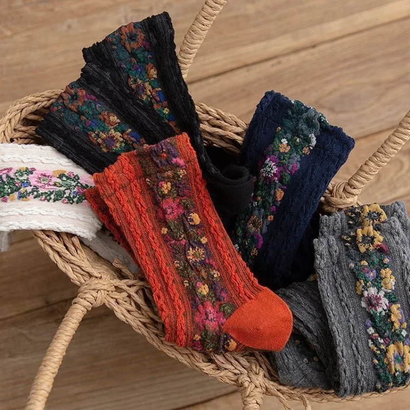 

5 Pairs 2026 Autumn Winter Fancy Mid Length Women's Socks Set Spring Summer Ethnic Style Flower Thermo Socks Ankle Socks Hosiery