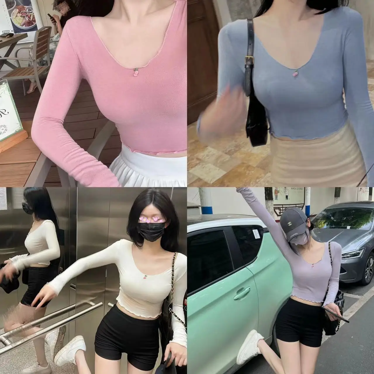 Pure Desire - Camiseta de algodón para bebé, manga larga, que deja ver el vientre, ropa interior, protección solar, con estampado de cerezas, cuello redondo