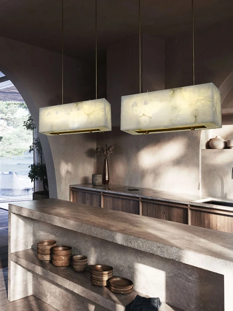 Rectangle Chandelier Marble Dining Room Kitchen Island Dining Table Modern Luxury White Marble Restaurant Design Decoration