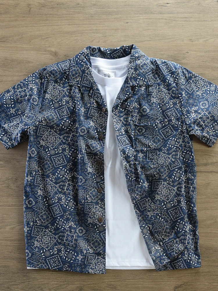 Summer New American Retro Short Sleeve Cuban Collar Hawaiian Print Shirt Men's Fashion Seaside Beach Loose Casual Flower Blouses