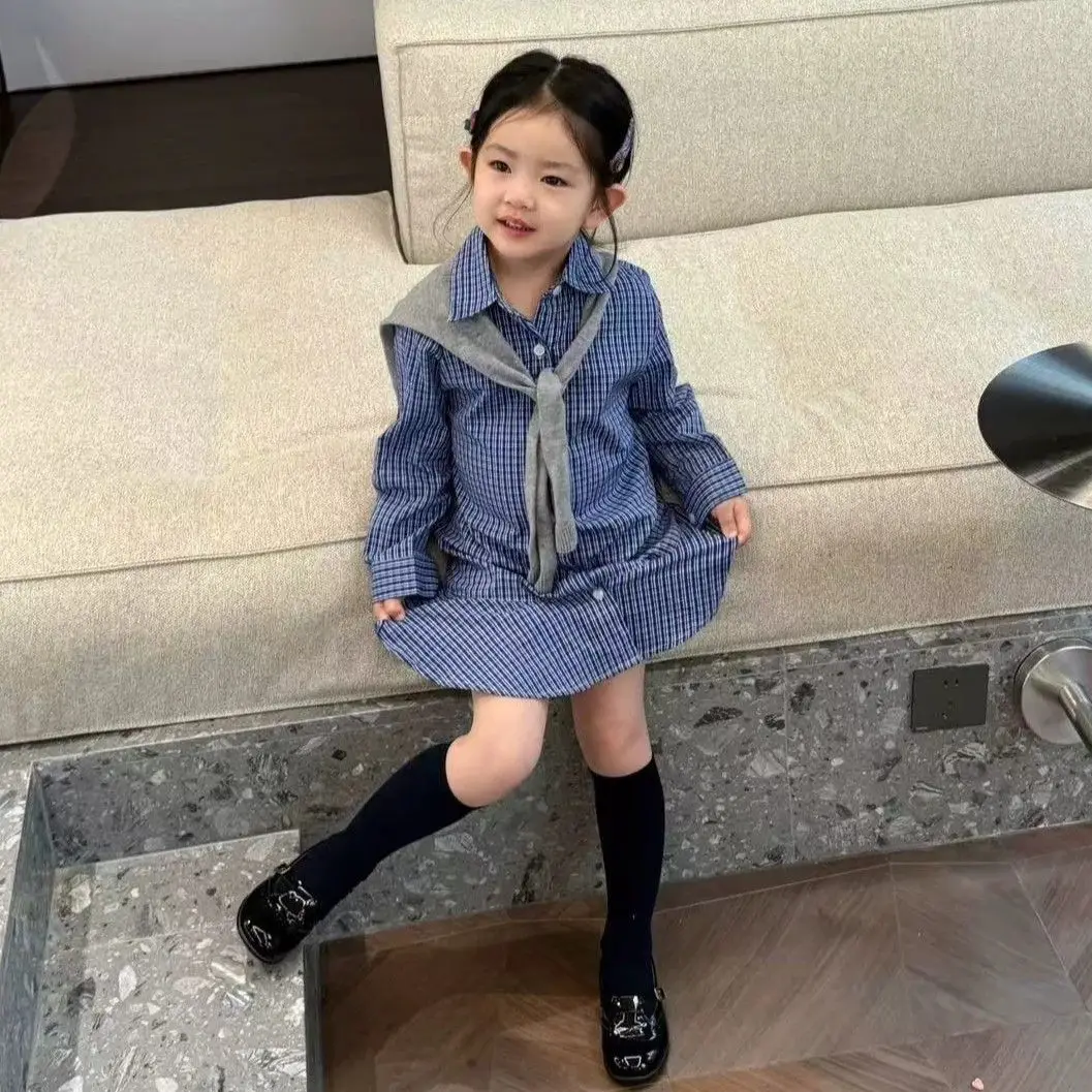 

Girls' College Style Dress Set Spring and Autumn New Children's Leisure Shawl Collar Checkered Shirt Skirt 2-piece Set
