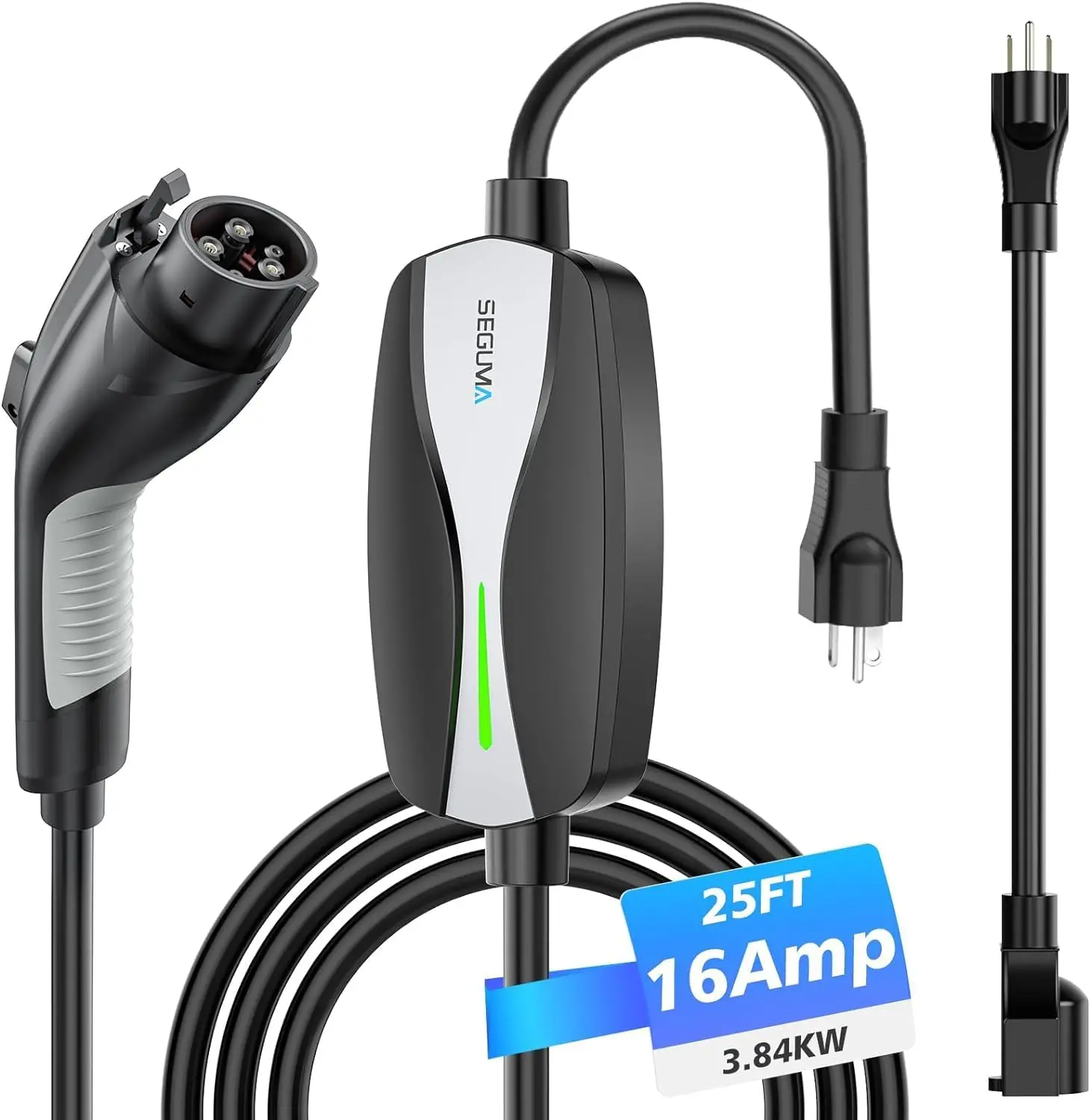 1/2 EV Charger, 16Amp Electric Car Charger Portable EV Charger 25FT Cable with NEMA 6-20 Plug and NEMA 5-15 Adapter, Home Mobile