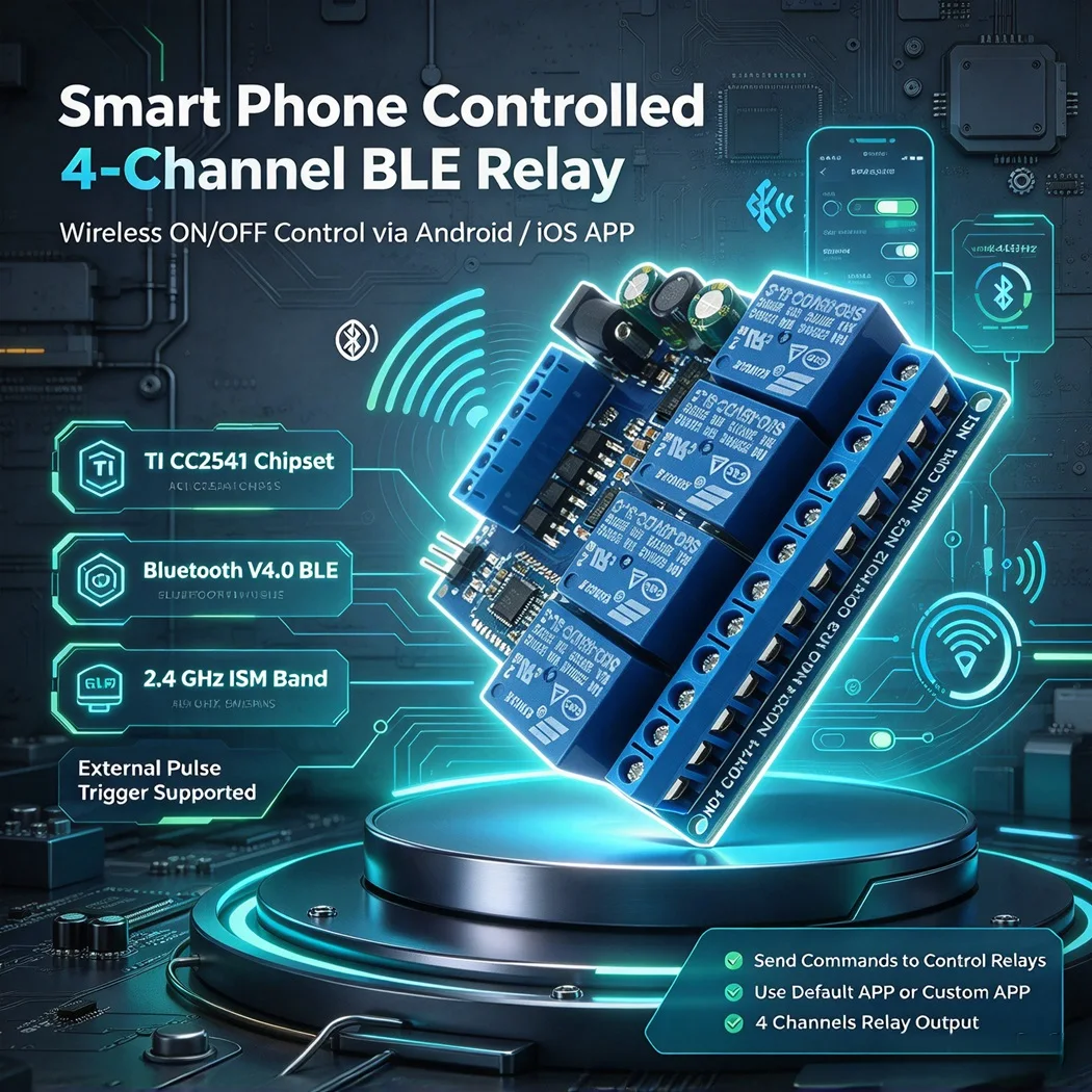 4CH BLE4.0 Bluetooth Relay Module CC2541 DC6.5-25V Momentary Self-locking Interlock Opto Trigger Smart Home Garage Door
