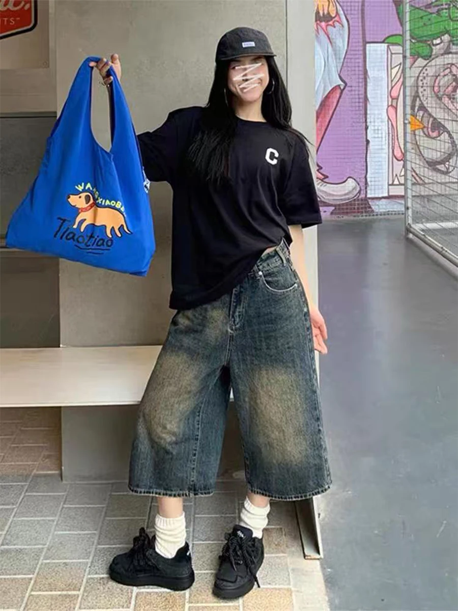 

plus Size High Waist Straight Leg Denim Shorts Women's Summer American Style Loose Slimming Wide Leg Pants