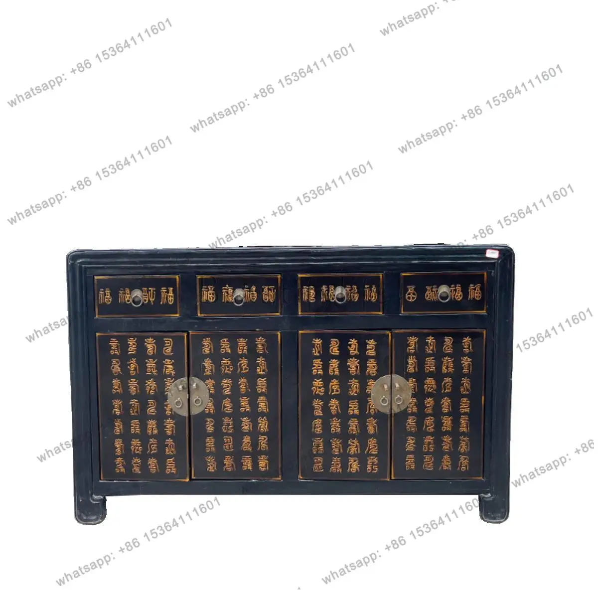 Chinese solid wood black old living room dining side cabinet retro engraved gold-painted locker