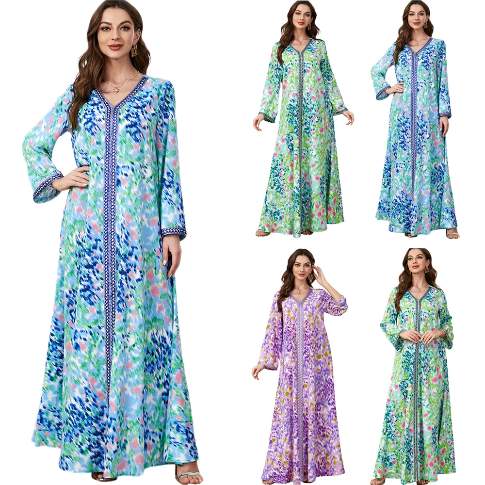 

Eid Muslim Women Dress Abaya Morocco Party Dresses Abayas Elegant Ramadan Print Prayer Long Sleeve Robe Musulman Maxi Vestidos