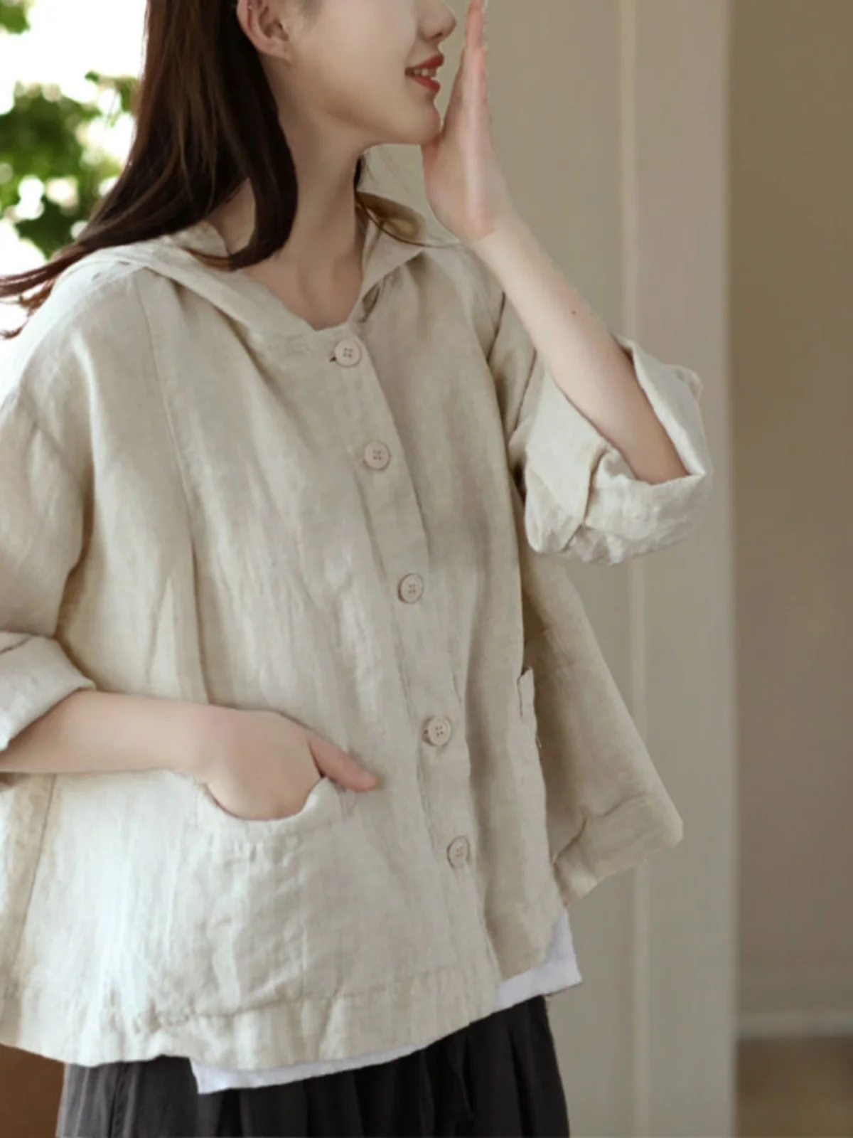 

Off-Season Cotton Linen Open Cardigan Women's Loose Thin Casual Spring Summer ort Outerwear Anti-Uv Hooded Vintage Sle