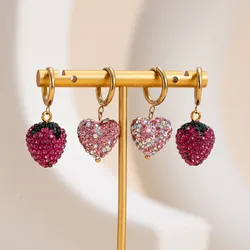 Trendy Pink Red Crystal Paved Strawberry Heart Earrings Set Gold Color Hypoallergenic Stud Earrings for Women's Fashion Jewelry