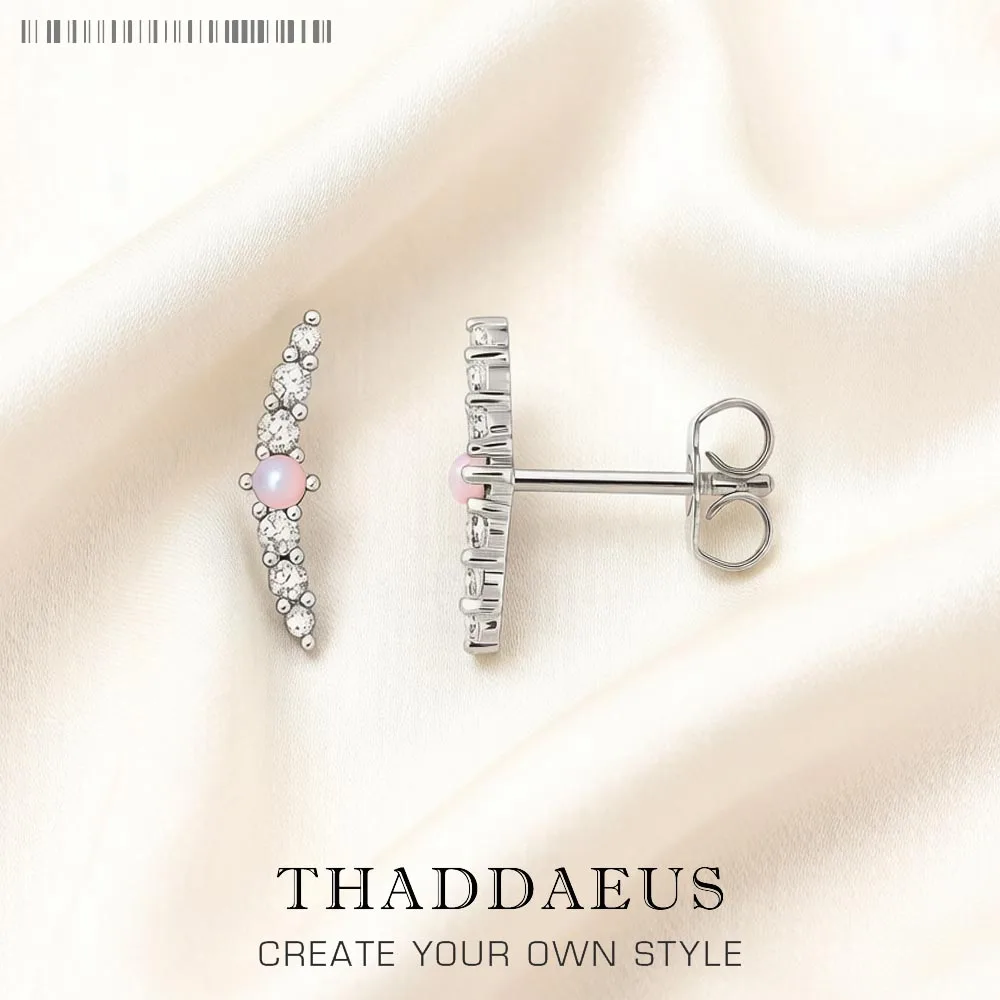 Stud Earrings Curved Shape Pink Stone Europe Style Glam Fine Jewerly For Women Vintage Gift In 925 Sterling Silver