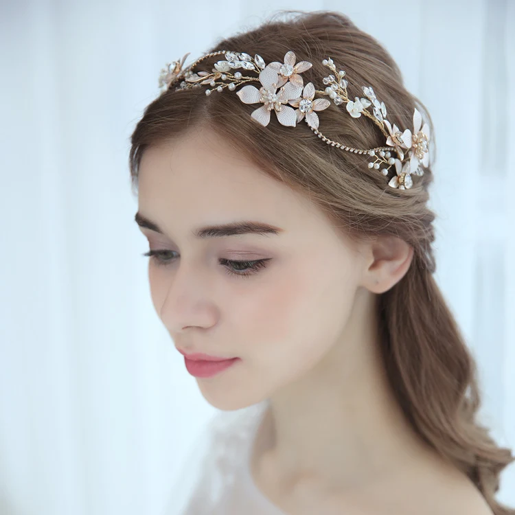 Baroque Bridal Tiara Headband Gold Color Floral Wedding Hair Piece Ornaments Women Prom Hair Accessories