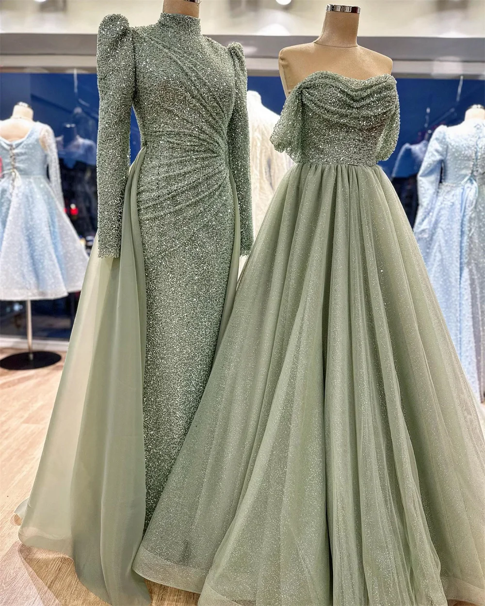 Amanda Luxury Green Glitter vestidos de fiesta Off the Shoulder A-line فساتين سهرة Elegant Sleeveless Floor-length Party Dresses