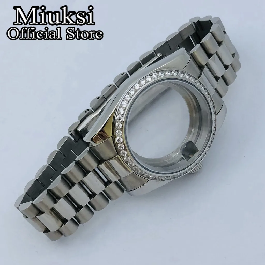 Miuksi 36 mm/40 mm silbernes Uhrengehäuse, Saphirglas-Edelstein-Lünette, passend für NH35 NH36 NH34 NH38 ETA2824 2836 Miyota8215 PT5000 Uhrwerk